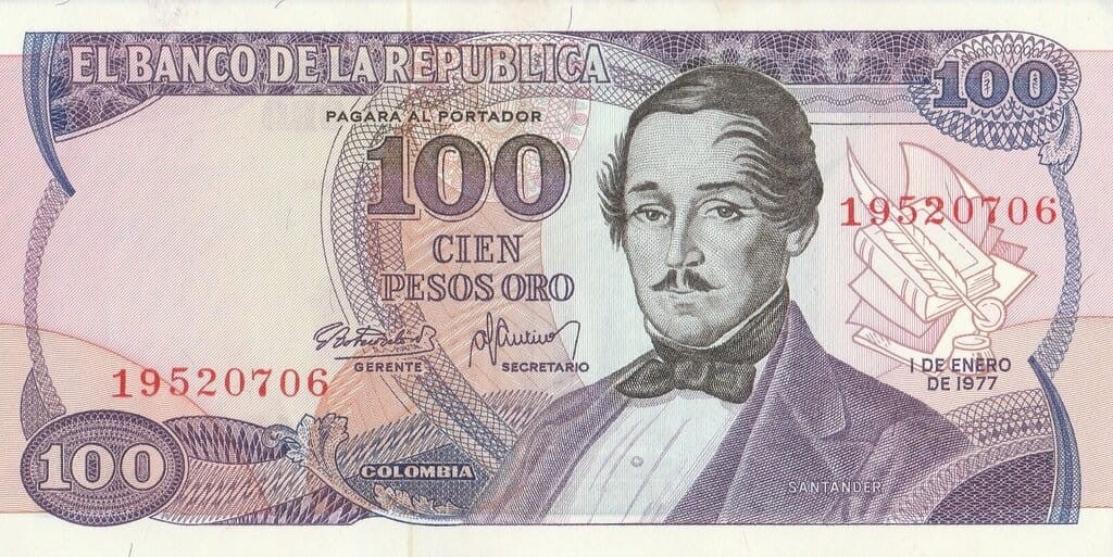 Kolumbia 100 peso Santander 1977 P-418a