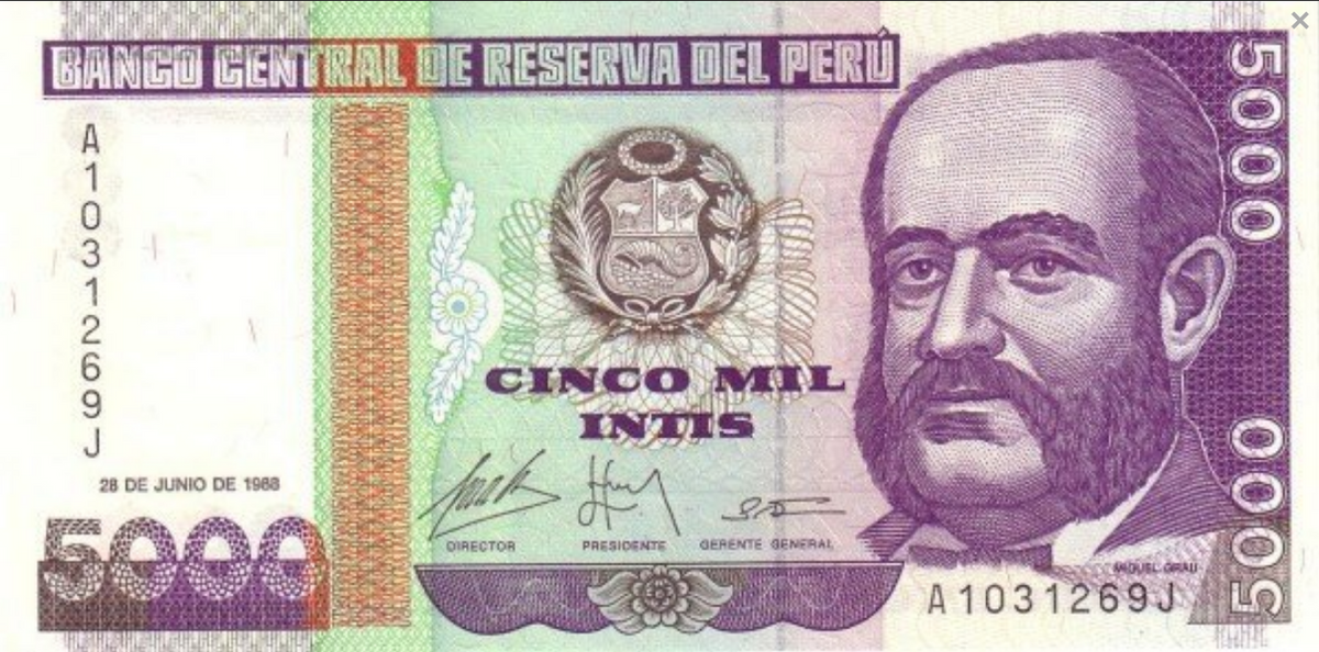 Peru 5000 intis Rybacy 1988 P-137